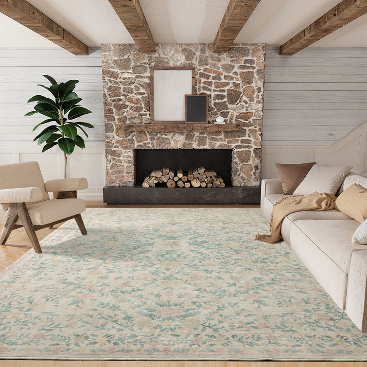 Machine Washable Floral Area Rug with Non Slip Backing, Oriental Inspired Vintage Area Rug for Living Room, Bedroom, Dinning Room, Home Office