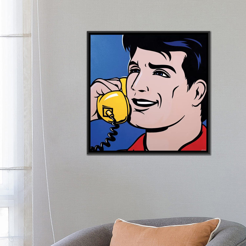 « man on phone », impression sur toile, H 18 po x l 18 po x P 1,5 po, Toile avec cadre noir, Pas de tapis