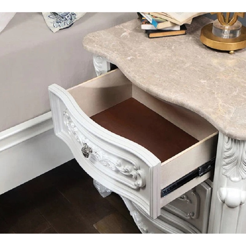 Table de chevet classique blanc perle classique: bois massif, 2 tiroirs, table de chevet en marbre véritable pour la chambre à coucher 2
