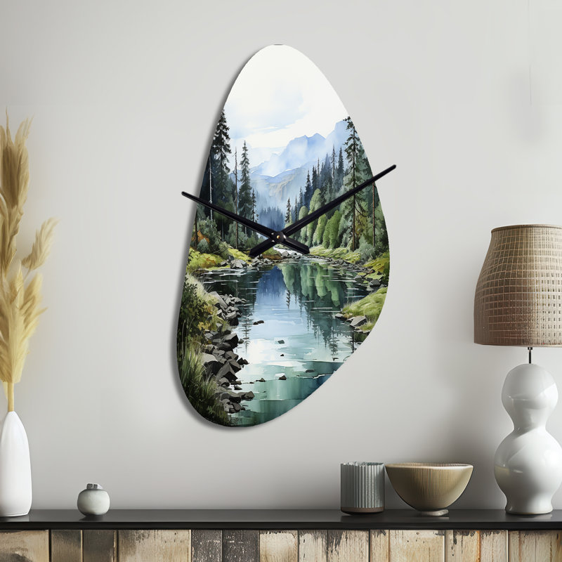 Green Blue Minimalism Forest Reflections - Fall Shape Large Green Wall Clock Sculpture, Medium