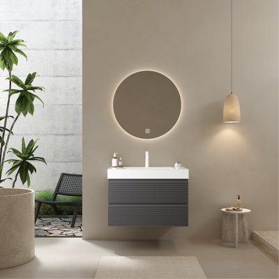 Meuble-lavabo de salle de bain avec lavabo encastré, meuble de rangement mural moderne rayé en contreplaqué flottant avec 2 tiroirs, lavabo rectangulaire intégré blanc sans robinet
