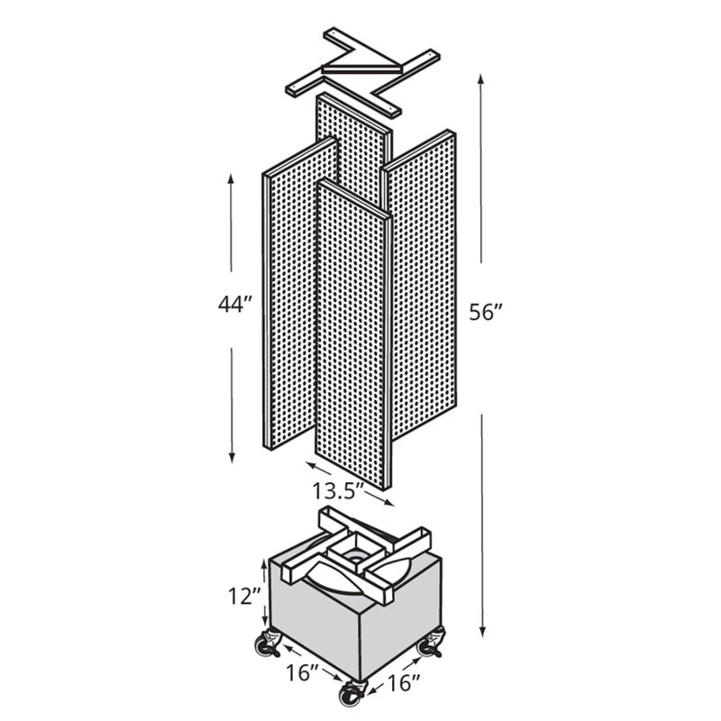Pinwheel Pegboard Floor Display on Revolving Wheeled Base. Spinner Rack Stand. Panel Size: 13.5"W x 44"H