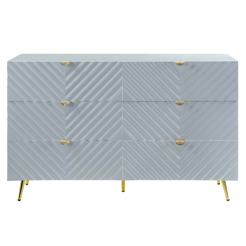 Commode 6 tiroirs Gaines, finition brillante grise, Gris