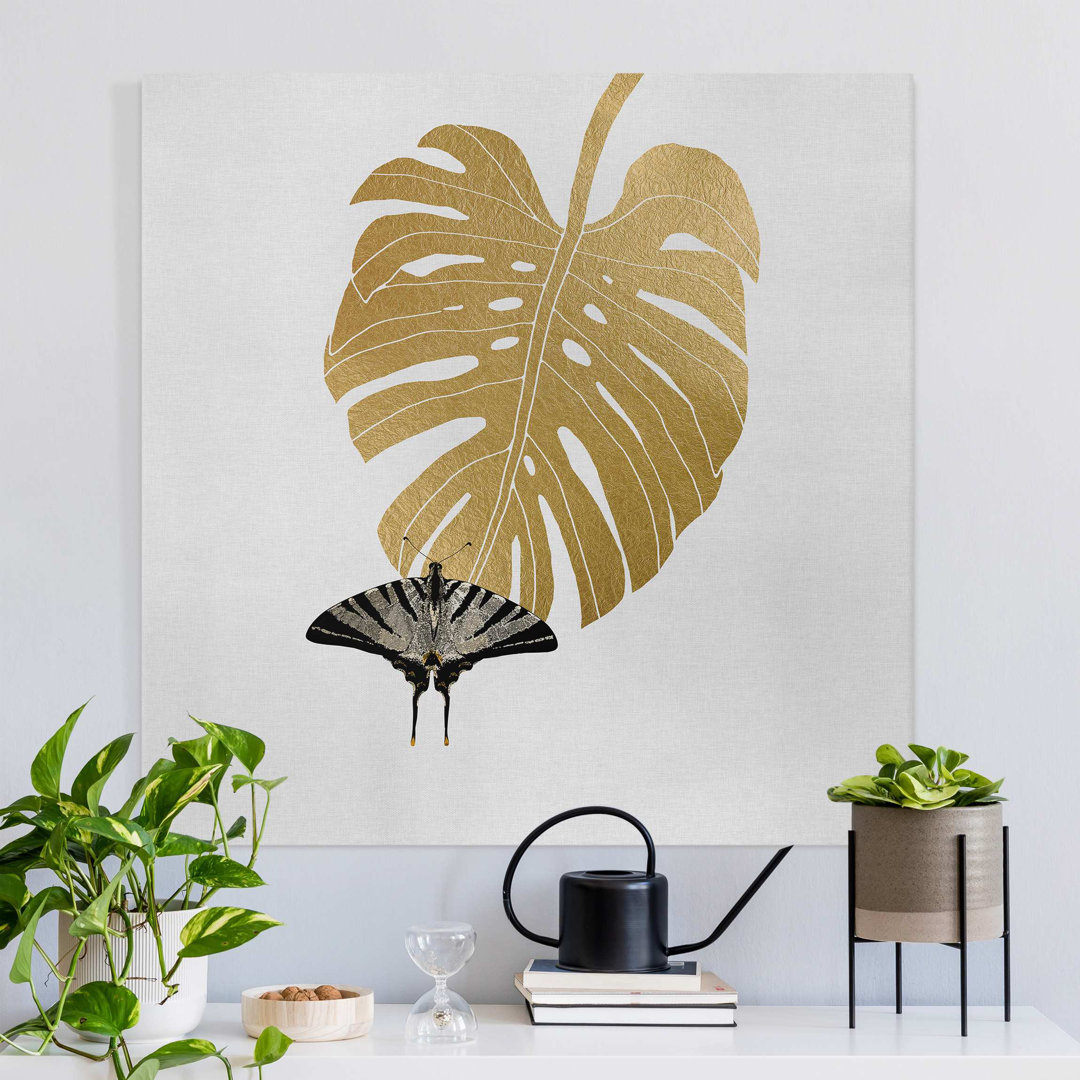 Leinwandbild Golden Monstera with Butterfly