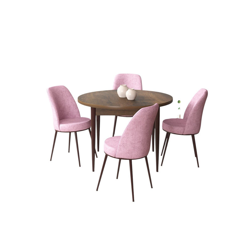 Ensemble de table et chaises de salle à manger moderne 5 pièces, baroque et rose | Table en carton 100% mélaminé, table: 35,4 po x 29,5 po x 35,4 po | Chaises: 17,7 po x 35,8 po x 16,5 po | Pieds en métal, sièges en mousse confortables, parfaits pour les espaces de salle à manger contemporains