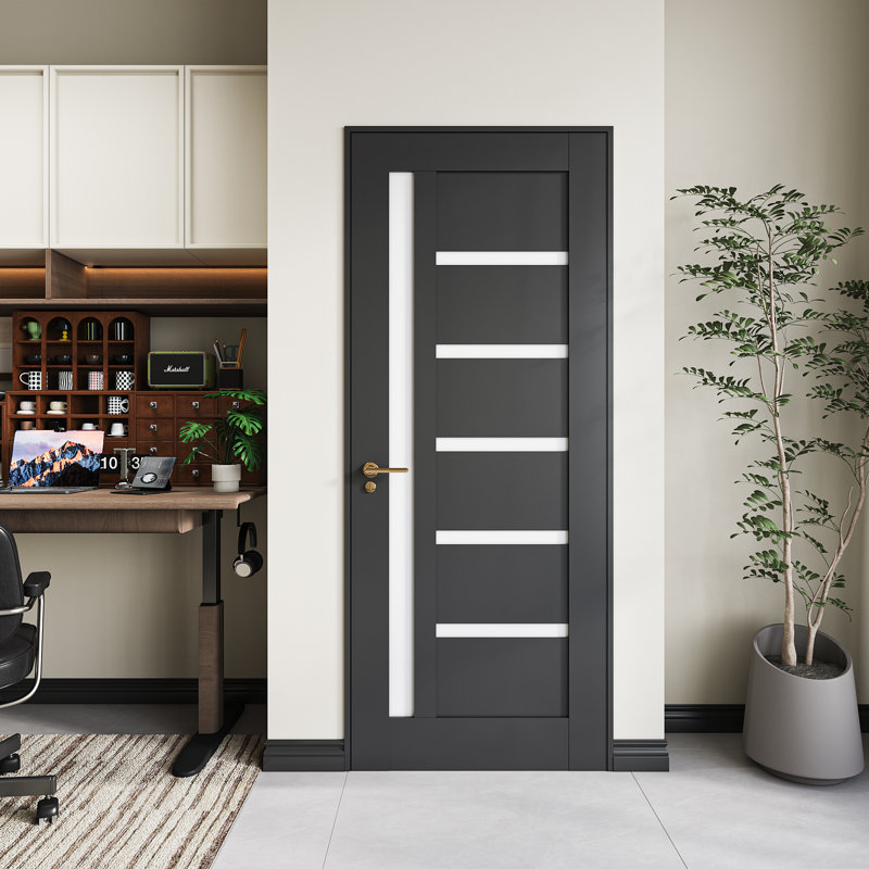 Porte intérieure prémontée à 5 panneaux en MDF à âme pleine, revêtement PVC noir 24 po x 80 po, avec cadre à montage rapide
