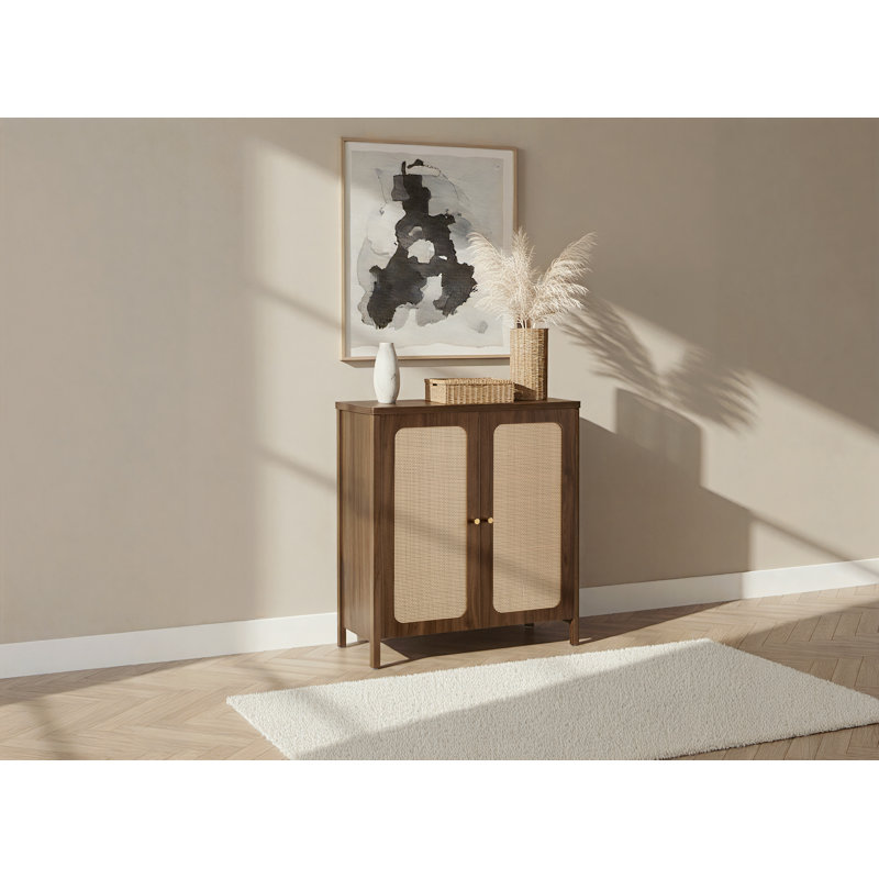 32'' Modern Sideboard Buffet Cabinet With Rattan Doors & Adjustable Shelves, Walnut