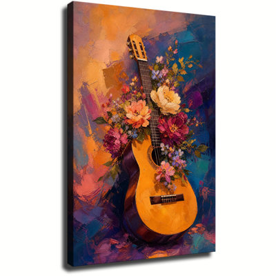 Tableau vintage en toile à motifs floraux colorés, style guitare acoustique, avec texture et style musical. Parfait pour la décoration de chambre ou de salon.
