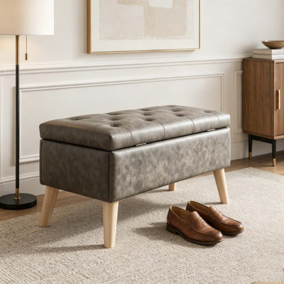 32" Wide Storage Ottoman Bench with Built-in Tray, Square Storage Ottoman for Extra Storage