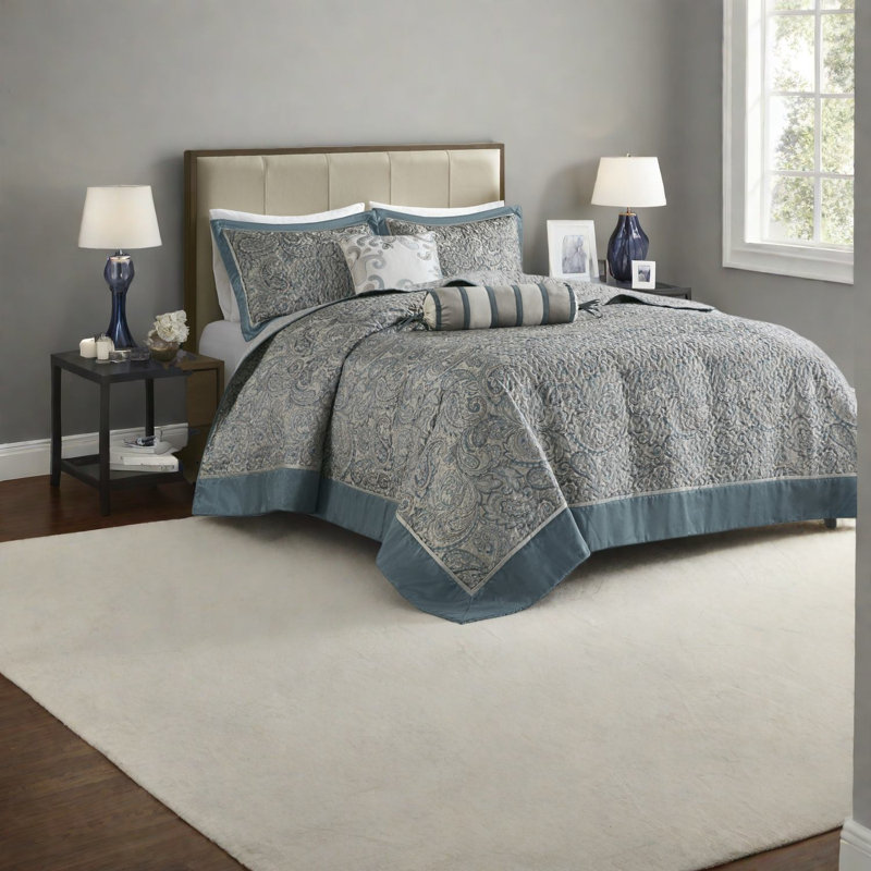 Premium Teal King Bedding Set, Cotton Polyester Jacquard, Modern Style
