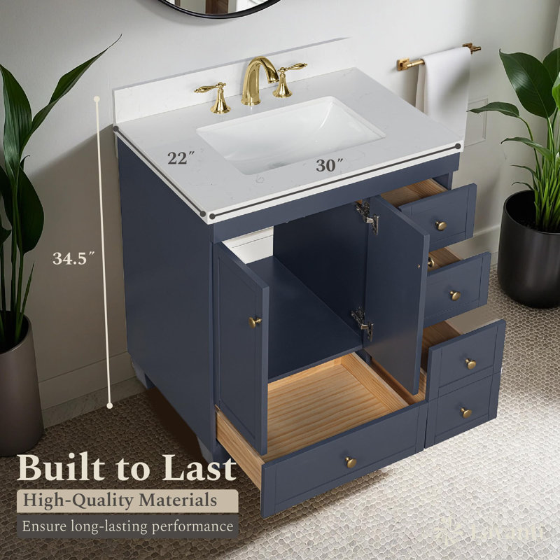  Depos 30 Inch Bathroom Vanity with Sink, Navy Blue – 100% Premium Solid Wood Vanity Cabinet – 1.5" Thick Quartz Countertop – Water-Resistant Finish – Fully Assembled