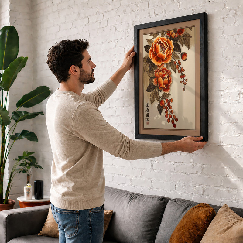 Peonies in Blossom Japandi - Framed Print, A2 - 59.4 x 42.0 cm, Oak