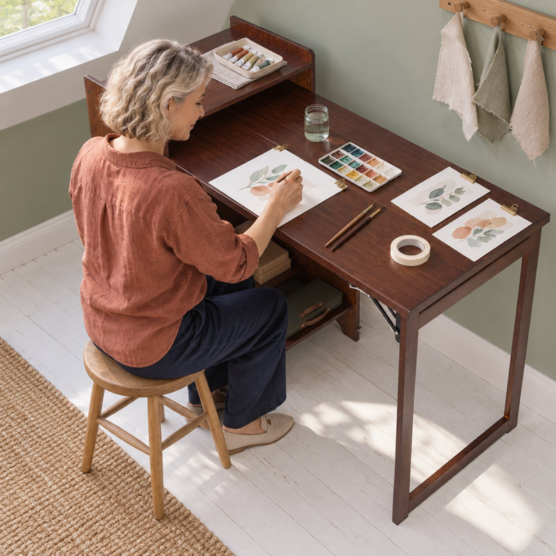 Bureau pliant en bambou pour petits espaces, bureau dissimulé avec étagère de rangement, bureau d'ordinateur pliable pour chambre ou bureau à domicile, table pliante de style milieu du siècle