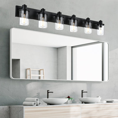 Luminaires de salle de bain 5 lumières, lumières de meuble-lavabo moderne noir mat avec abat-jour en verre transparent, lampe de salle de bain pour miroir, armoire de chambre à coucher, porche