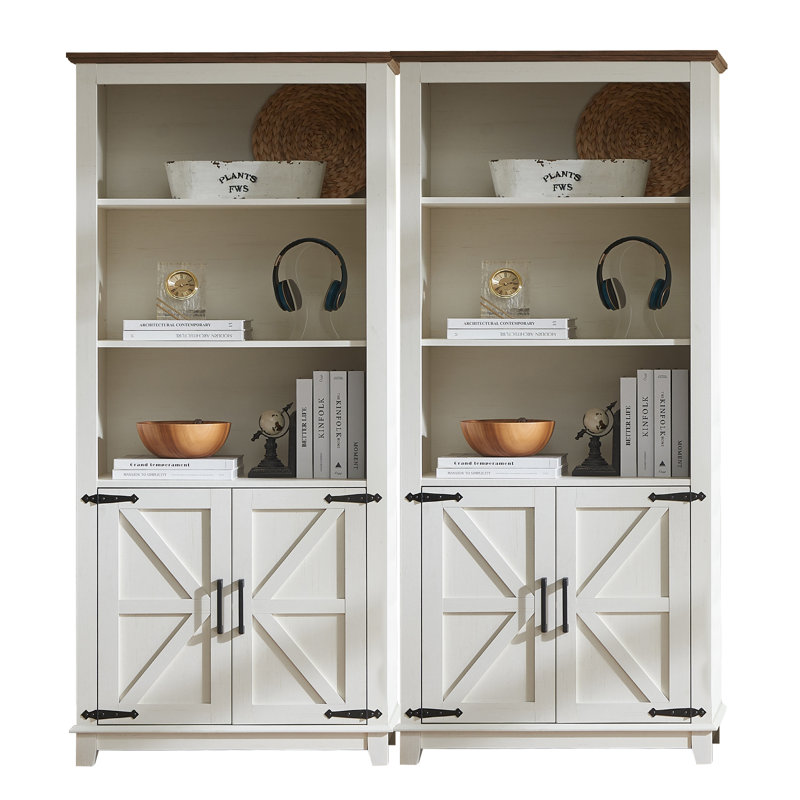 Bibliothèque à 5 niveaux avec tablettes réglables et porte de grange Chimira Farmhouse H 69,8 "x l 31,4", Blanc