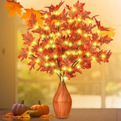 30 Inch Fall Lighted Maple Branches - Faux Light Up Fall Maple Stems With 60 LED Lights, 120 Leaves (Maple), Brown, Yellow, Orange, 2D-QFY-30IN