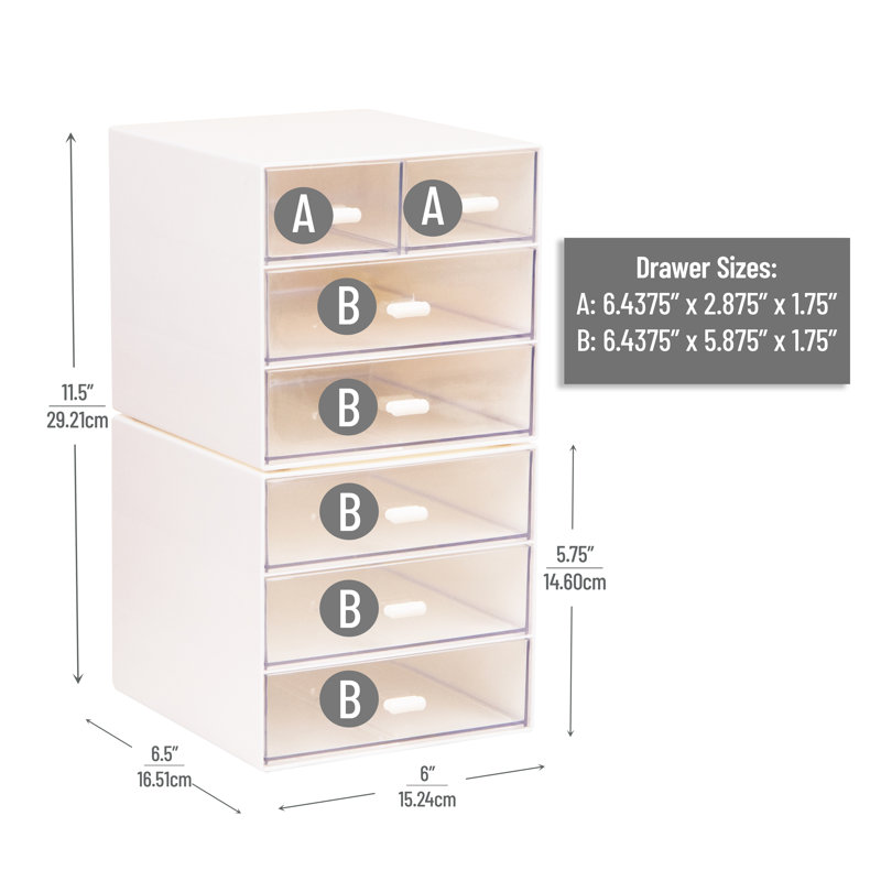  Rangement de bureau empilable, 6 tiroirs avec tiroirs transparents, plastique, ensemble de 2, blanc