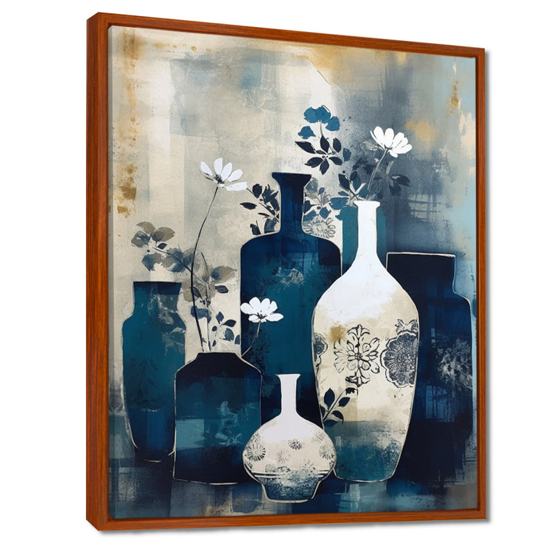 Art mural bleu et crème fantaisiste en argile II - Boho Pottery, H 32 po x l 16 po, Cadre flottant brun