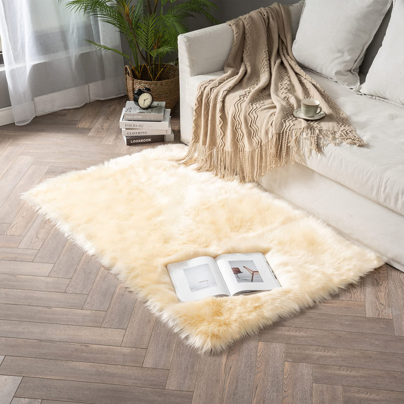 Cream Yellow Shag Faux Sheepskin Fluffy Washable Area Rug, Rectangle 5' x 8'