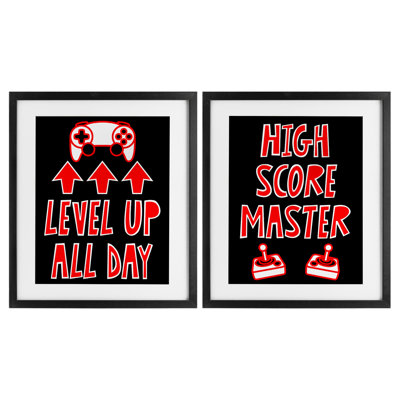 Level Up High Score Gamer 2pc Framed Print Under Glass Set, design by Marcus Prime