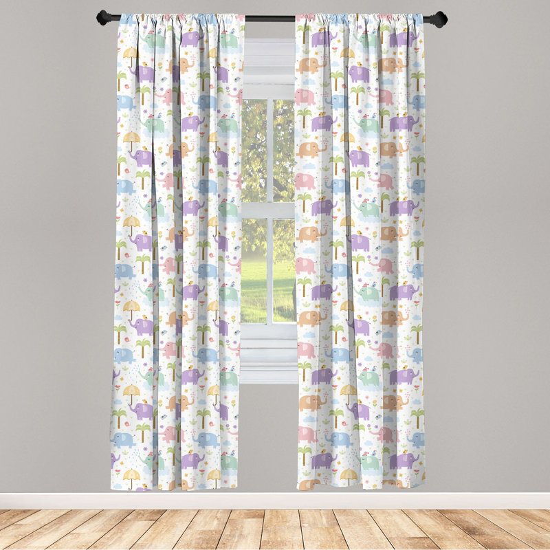 Multicolor Elephant Print Polyester Rod Pocket Curtain Panels, 28" x 63"