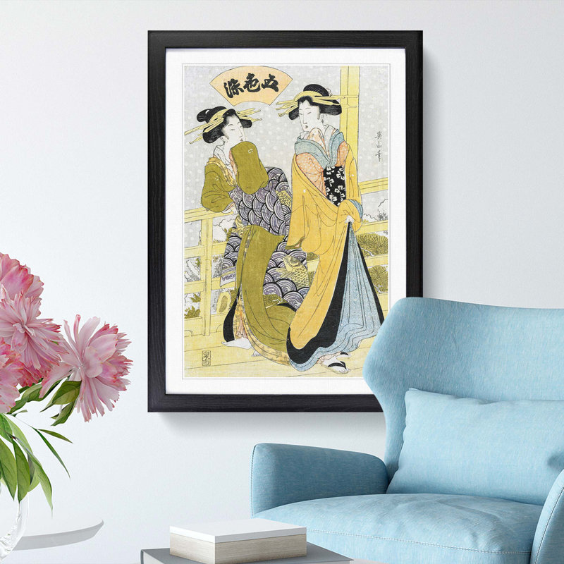 Two Courtesans on a Balcony by Kikukawa Eizan - Picture Frame Painting Print, Black Framed, 65cm H x 48cm W x 2cm D