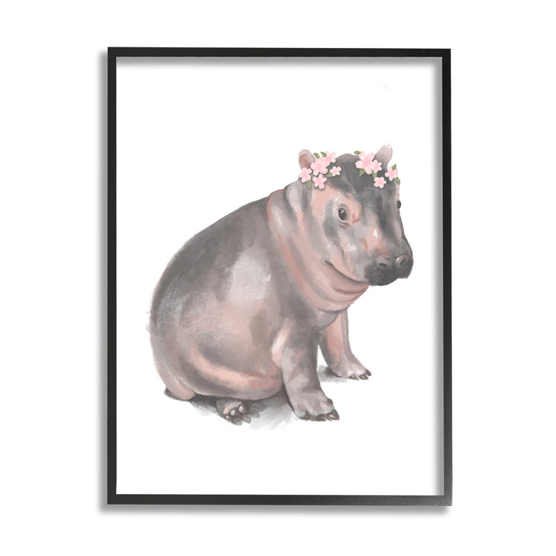 Illustration florale d'un bébé hippopotame floral, H 14 po x l 11 po, Giclée encadrée noir minuit