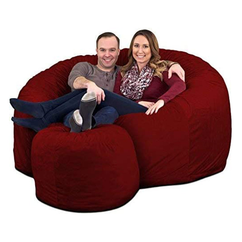 5ft Bean Bag Chair and Footstool, Oversized Lounger, Suede, 38" H x 68" W x 68" D, Burgundy Suede