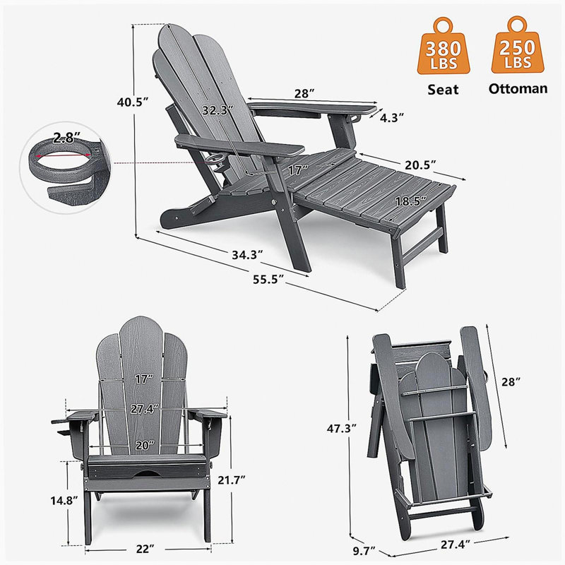 Folding Outdoor Adirondack Chair with Ottoman,HDPE All-weather Folding Fire Pit Chair,  Ergonomic Design Patio Lawn Chair for Outside Deck Garden Backyardf Balcony,Grey