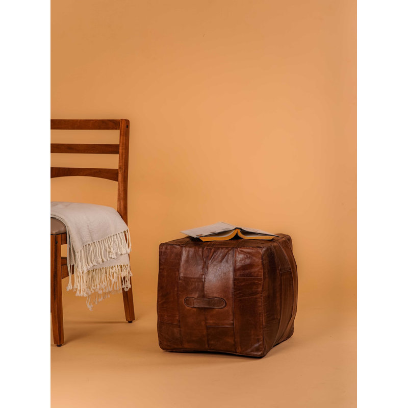 Solid Handmade Buffalo Leather Square Pouf (Recycled Foam With Fibre Fill), Brown Leather, 14" H x 14" W x 14" D