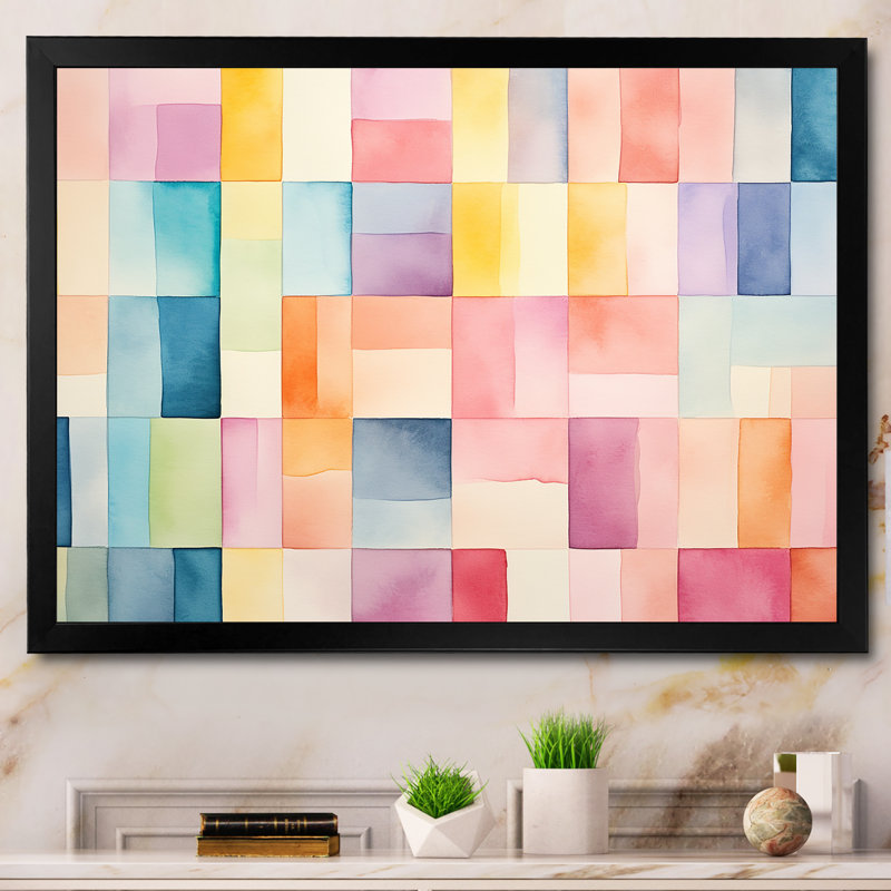 Mid-Century Pastel Color Cubes I - Art mural géométrique, Cadre d'angle fermé noir, H 30 po x l 40 po x P 1,5 po