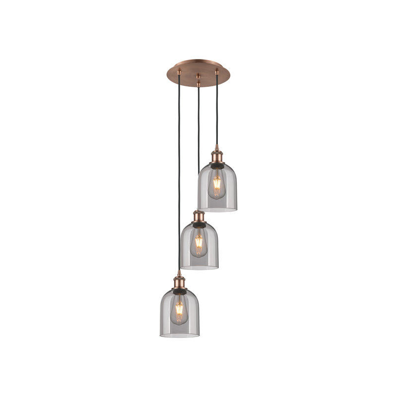 Luminaire suspendu grappe 3 lumières Odaniel, Gris fumée clair, Cuivre antique
