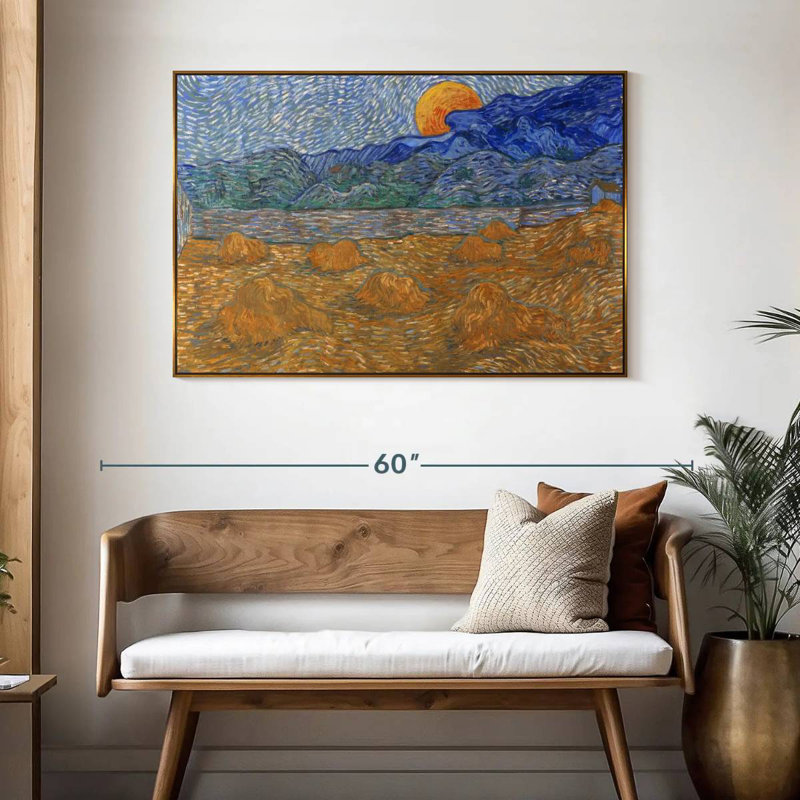 Gerbes de blé et lune montante, 46 po x 31 po, Cadre flottant doré