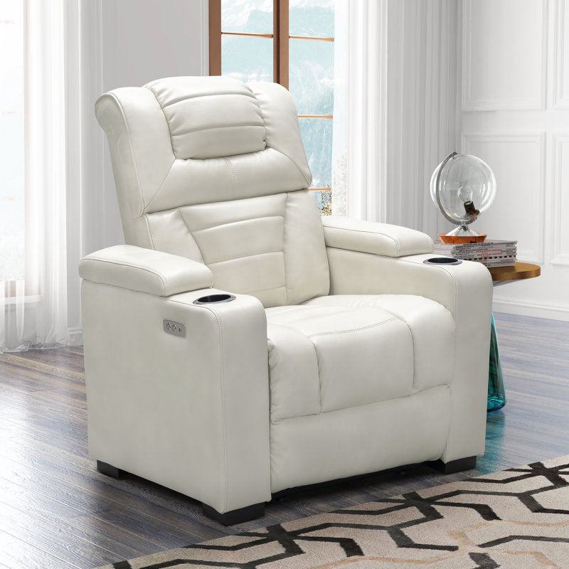 Faux Leather Power Recliner, Ivory Faux Leather