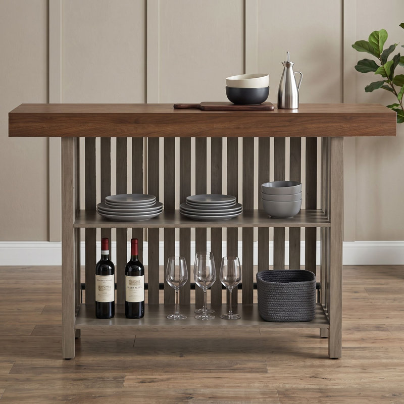 Buffet et table de bar modernes 3 en 1, hauteur comptoir, avec rangement pour bouteilles de vin à 2 niveaux et repose-pieds en métal.