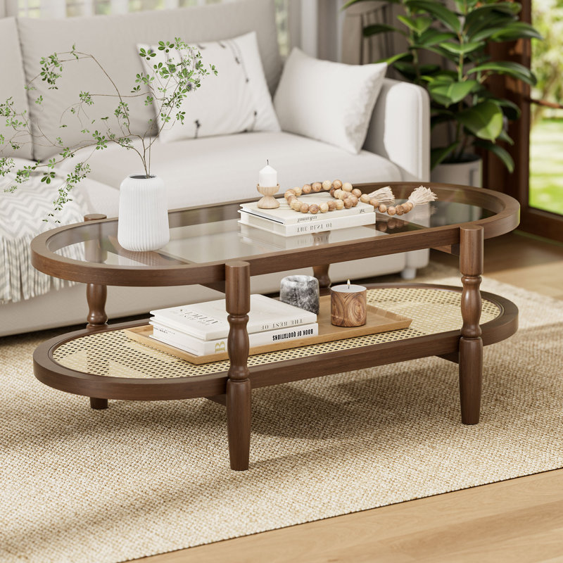 Table basse en verre avec tablette en rotin, Noyer, 48 po