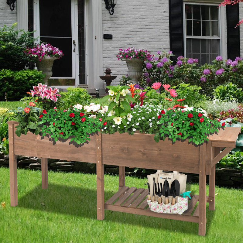 Wooden Elevated Planter With Storage Shelf, Slide Table