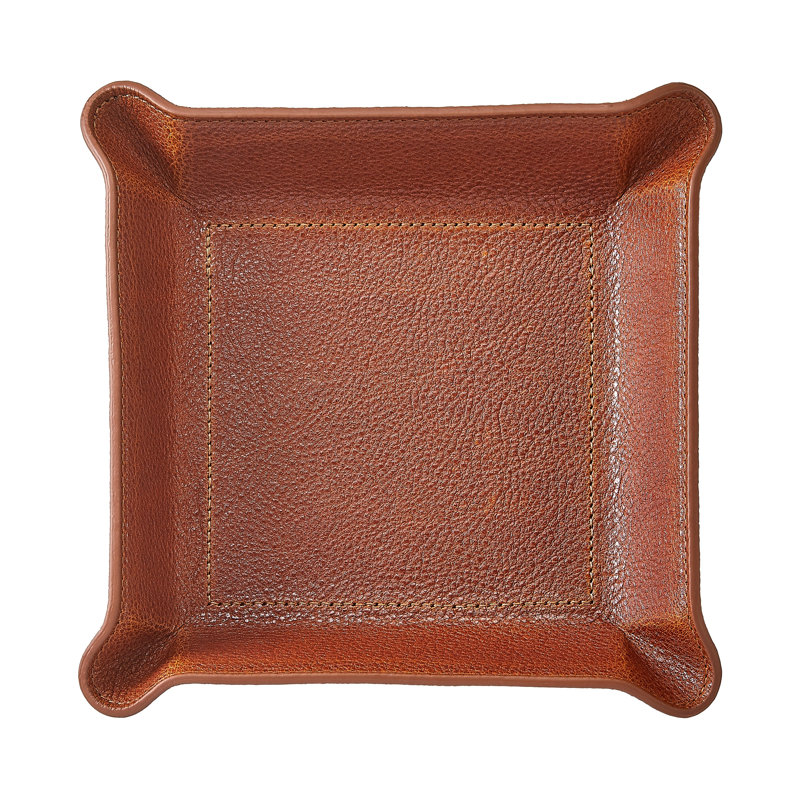 Harness Leather Bedside Catchall Tray, 6.5" W x 1.4" D x 6.5" H