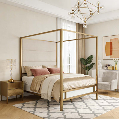 Modern Canopy Bed With Tall Upholstered Headboard And Sturdy Metal 4-Poster Frame