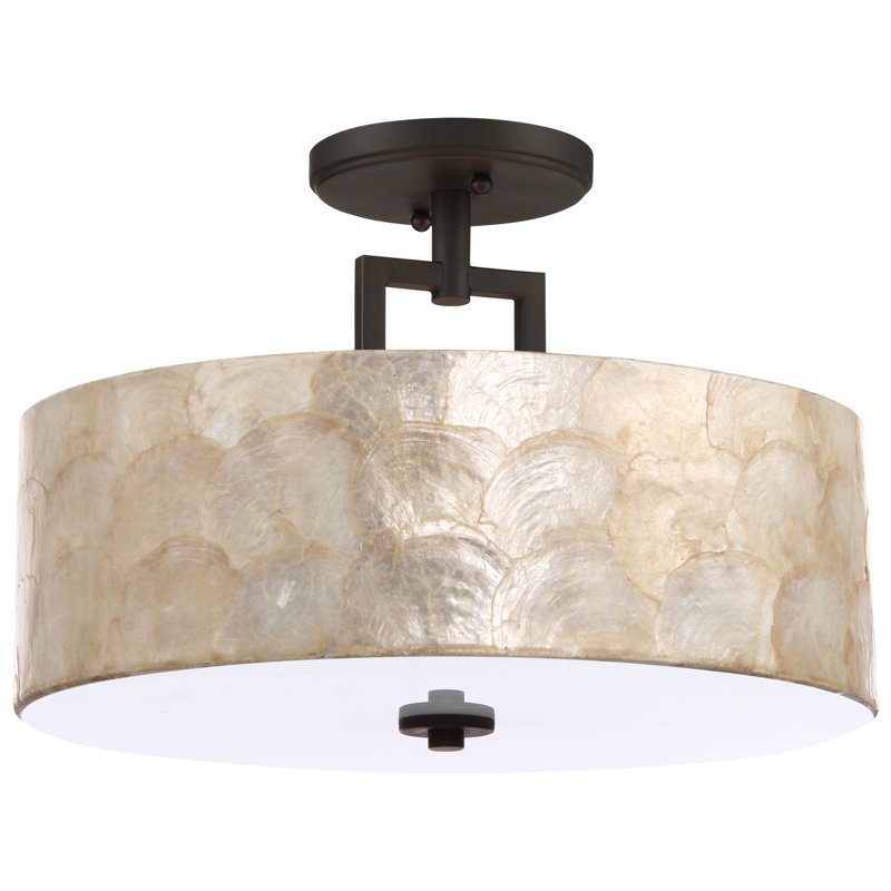 Plafonnier semi-encastré 3 lumières Dove Alysa Alysa 15, abat-jour coquillage + diffuseur en verre, finition bronze huilé