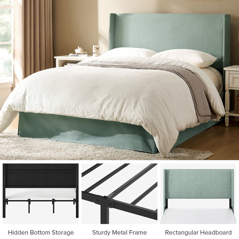 Carlyon Upholstered Platform Bed with Washable Slipcover and Under-bed Storage, Solid SAGE, King
