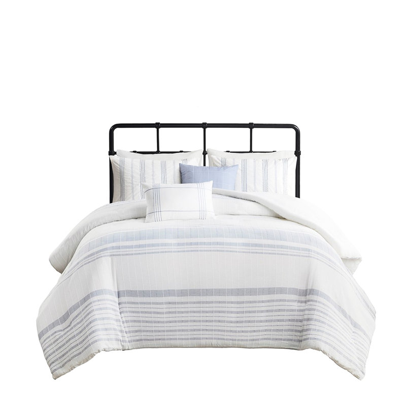 Couette en coton double / grand - 5 pièces Oreillers décoratifs texturés à rayures texturées inclus