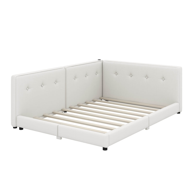 Lit plateforme double tapissier avec USB, Beige, Lit double