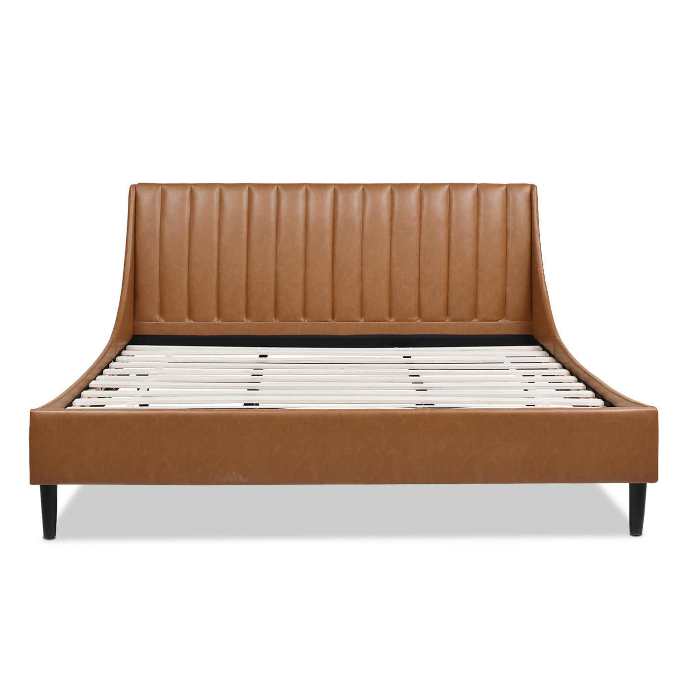 Helaina Velvet Upholstered Wingback Bed, King, Caramel Tan Brown Faux Leather
