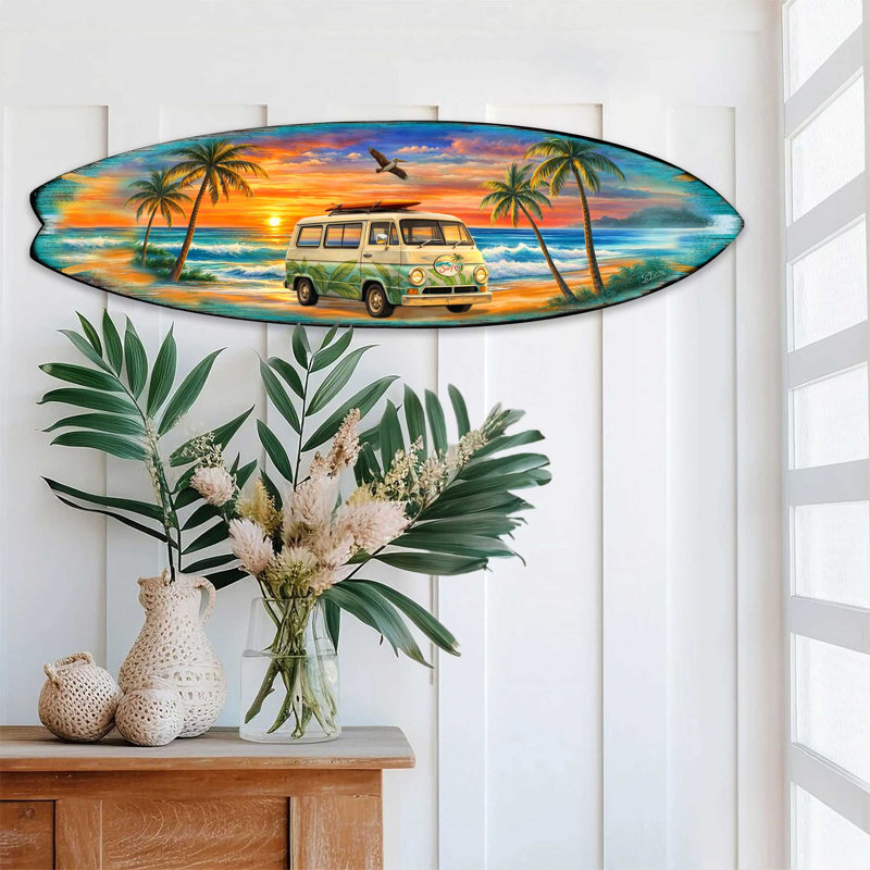 «Sunset Surf Van», art mural fait à la main, décor bord de mer par D. Debrekht, 17" H x 60" W