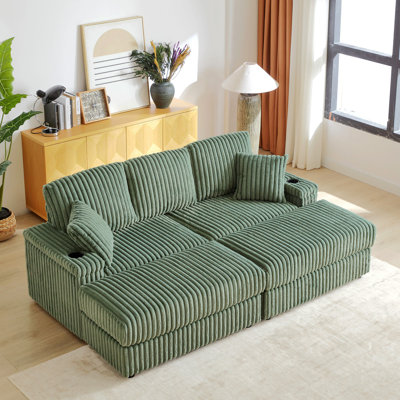 Canapé de 84 pouces en velours côtelé 3 places avec 3 coussins de dossier, 2 coussins décoratifs, 2 repose-pieds, 2 espaces de rangement et cannelures de maintien des tasses Canapé confortable pour le salon
