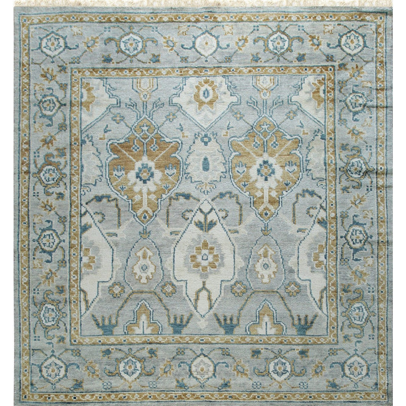 Gray Hand-Knotted Wool Framed Rosettes Geometric Modern Contemporary Carpet Rug, 8' x 10'