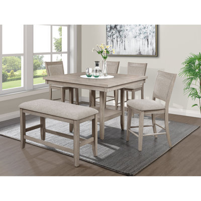 Ensemble de salle à manger 6 pièces de style campagnard contemporain à hauteur de comptoir l 20 po Faux marbre blanc paresseux tout brun / beige gris chaises rembourrées Banc en bois massif meubles de salle à manger