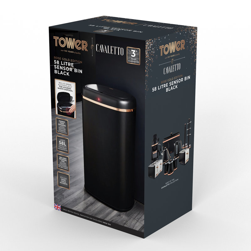 Tower Cavaletto Square Sensor Waste Bin, 58L, Black / Rose Gold