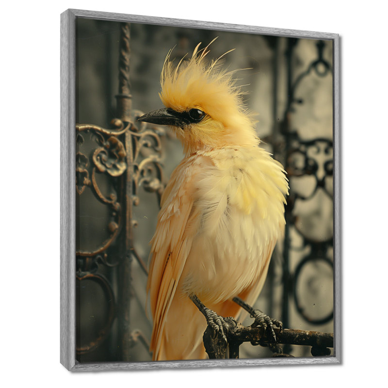Élégance d'oiseaux en cage jaune et noir, Toile argentée avec cadre flottant, H 20 po x l 12 po x P 1 po